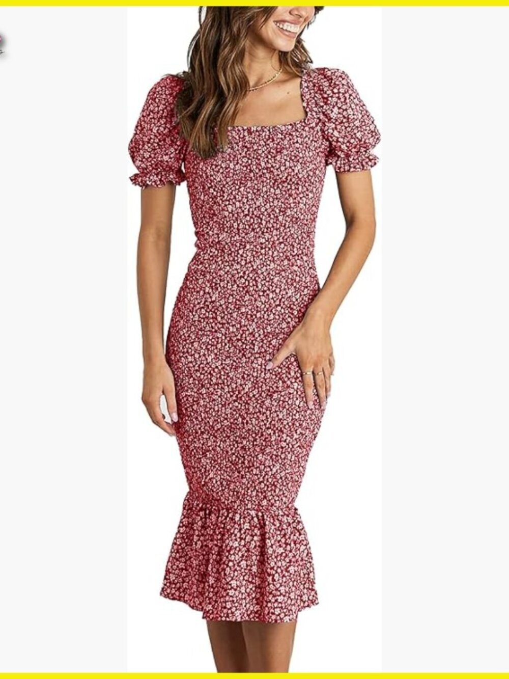 Floral Midi Bodycon Dress Puff Sleeve Mermaid Cocktail Elegant Summer Boho